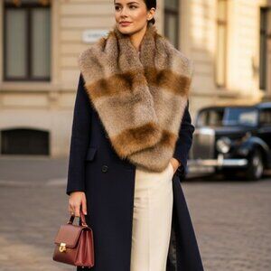 Tion Design Faux Fox Fur Shawl Wrap Scarf  – Neutral Brown – Satin Lined